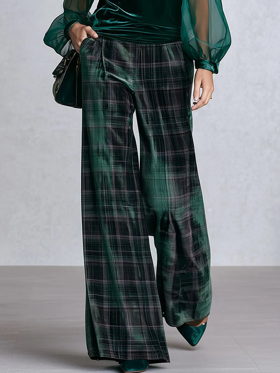 Vintage-style Green Sheer-sleeve Blouse And Plaid Wide-leg Trousers Velvet Set