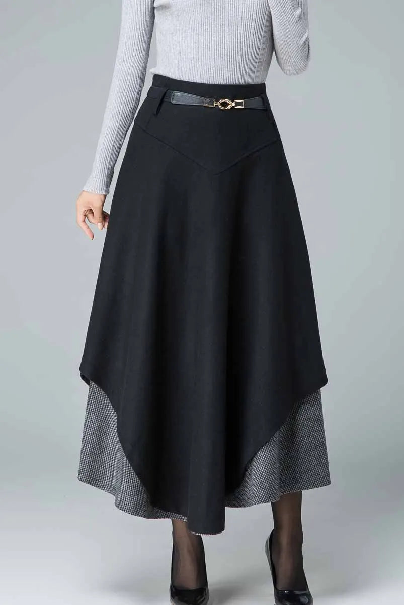 Black Wool Maxi Skirt - Tiered, Fit and Flare Silhouette 1837