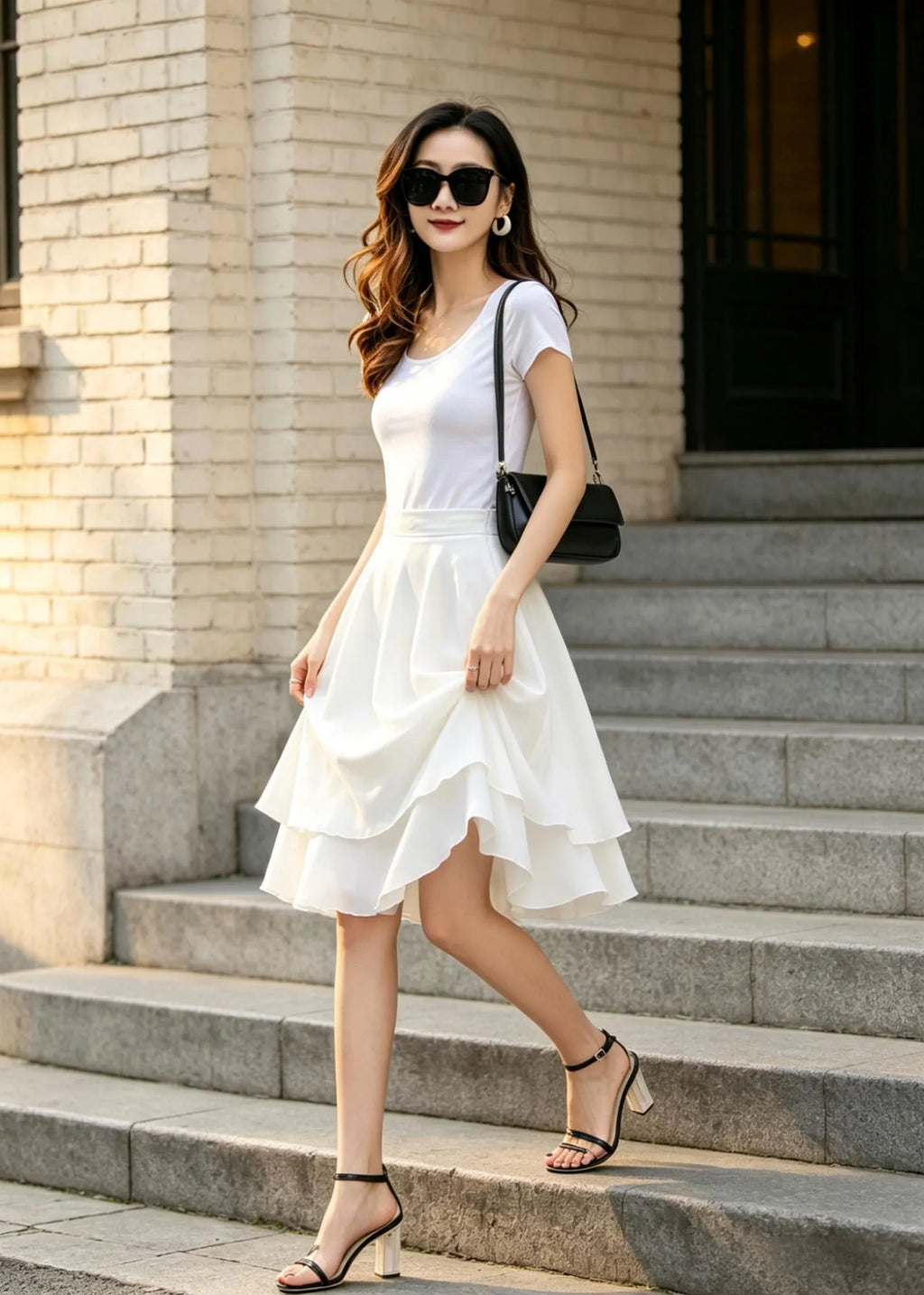 White Chiffon Knee-Length Skater Skirt - Two-Layer, High-Waisted Circle Silhouette 6797