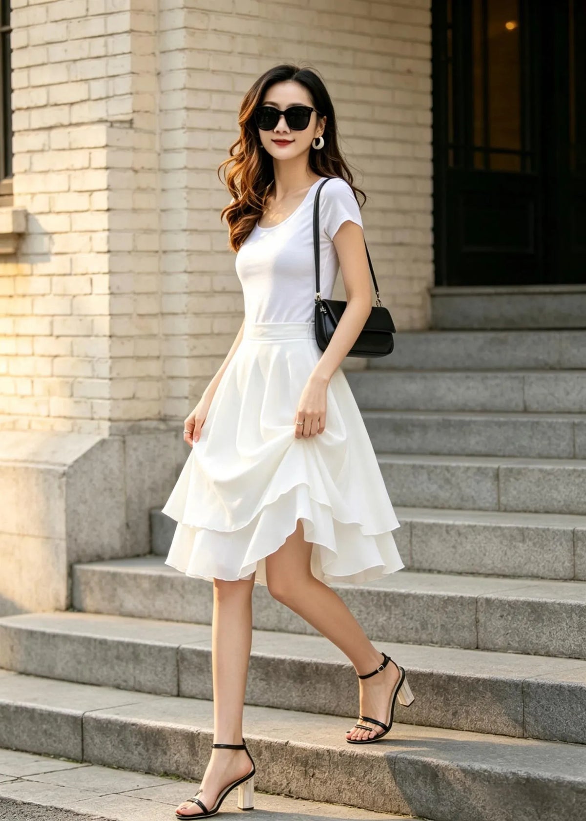 White Chiffon Knee-Length Skater Skirt - Two-Layer, High-Waisted Circle Silhouette 6797