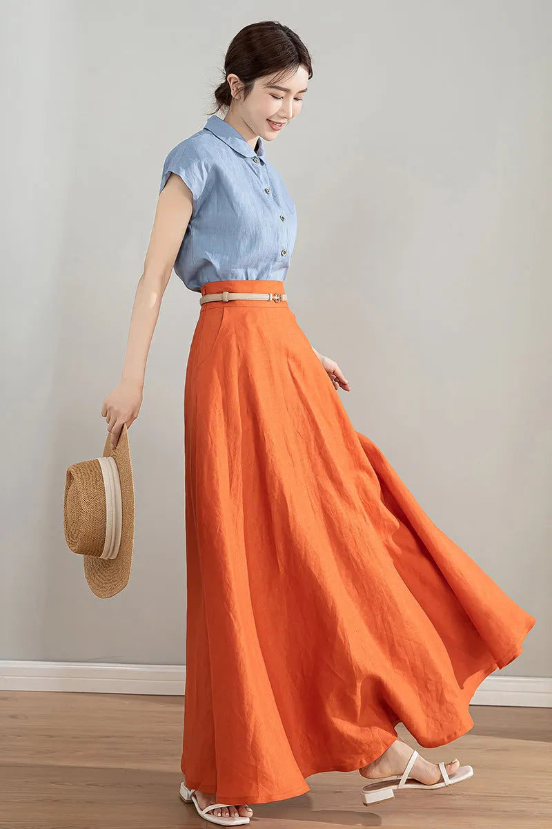 Orange Linen Skirt - High Waisted A-Line Midi Skirt 4215