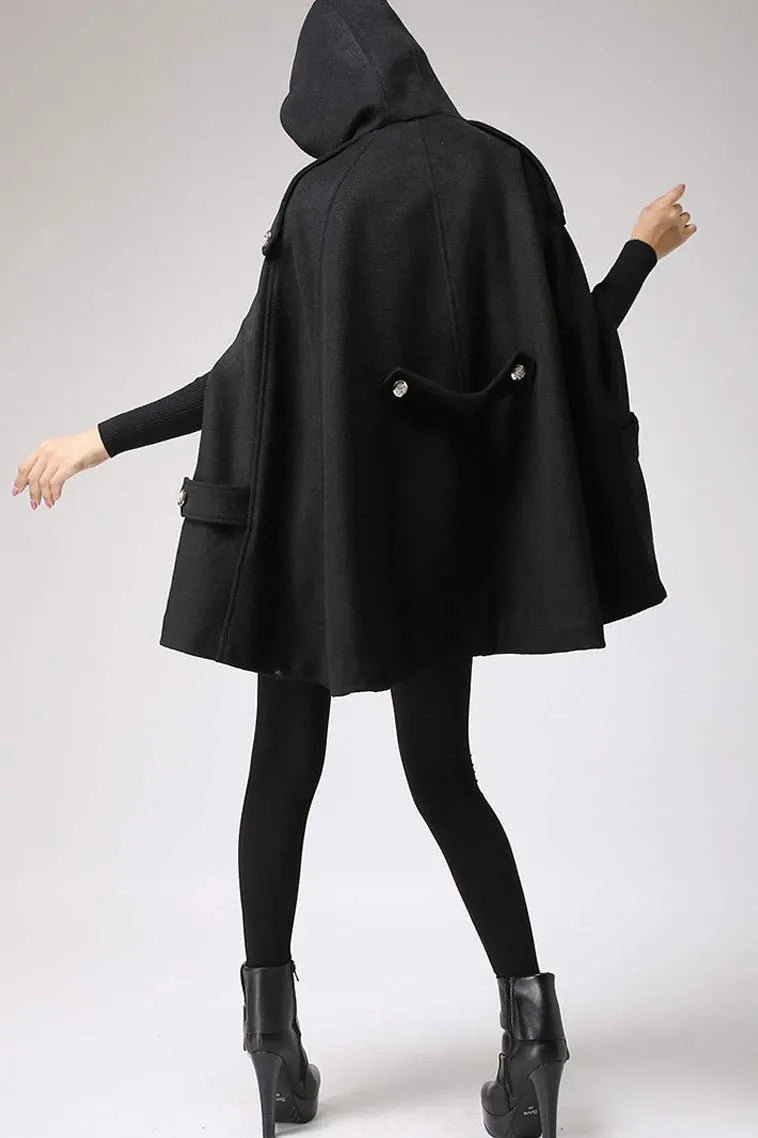 Black Hooded Wool Poncho Coat – Elegant Military Style Cape 