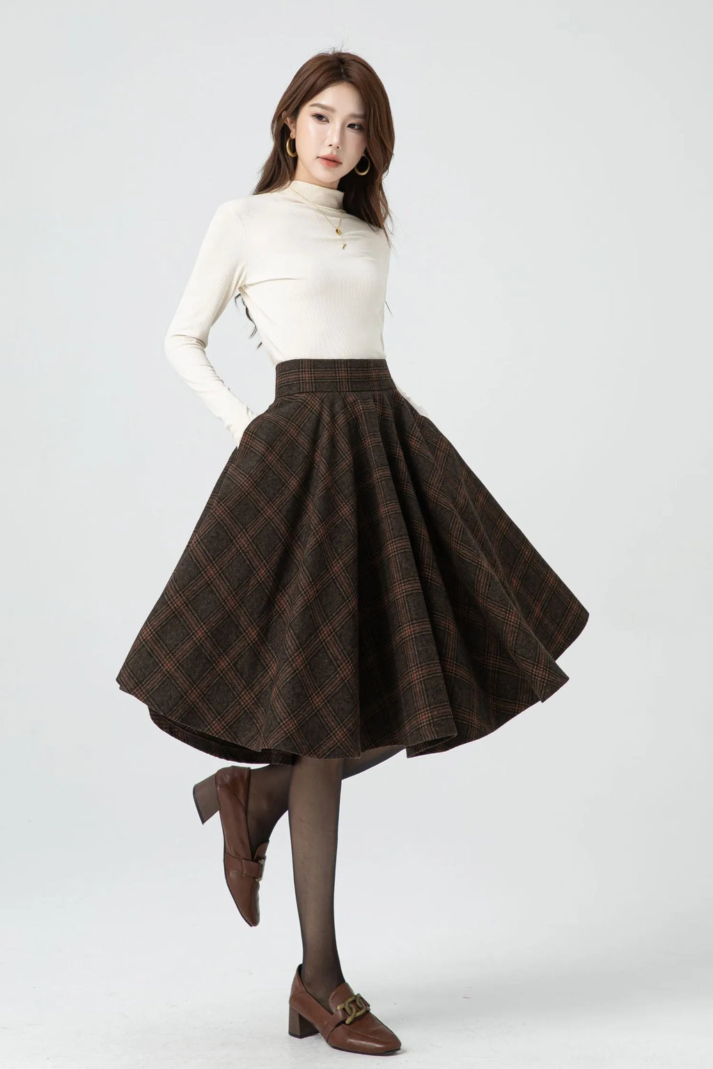 Brown Plaid Wool Midi Skirt – Vintage High Waist Pleated Circle Skirt 5323