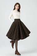 Brown Plaid Wool Midi Skirt – Vintage High Waist Pleated Circle Skirt 5323