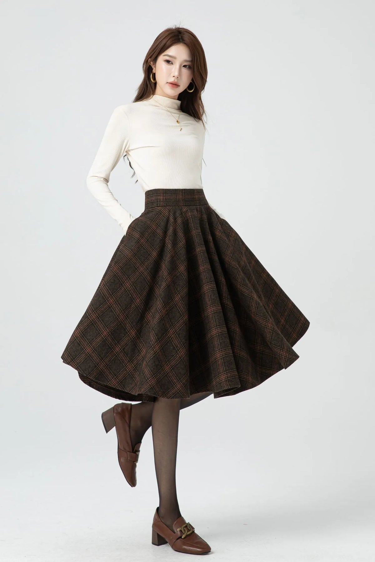 Brown Plaid Wool Midi Skirt – Vintage High Waist Pleated Circle Skirt 5323