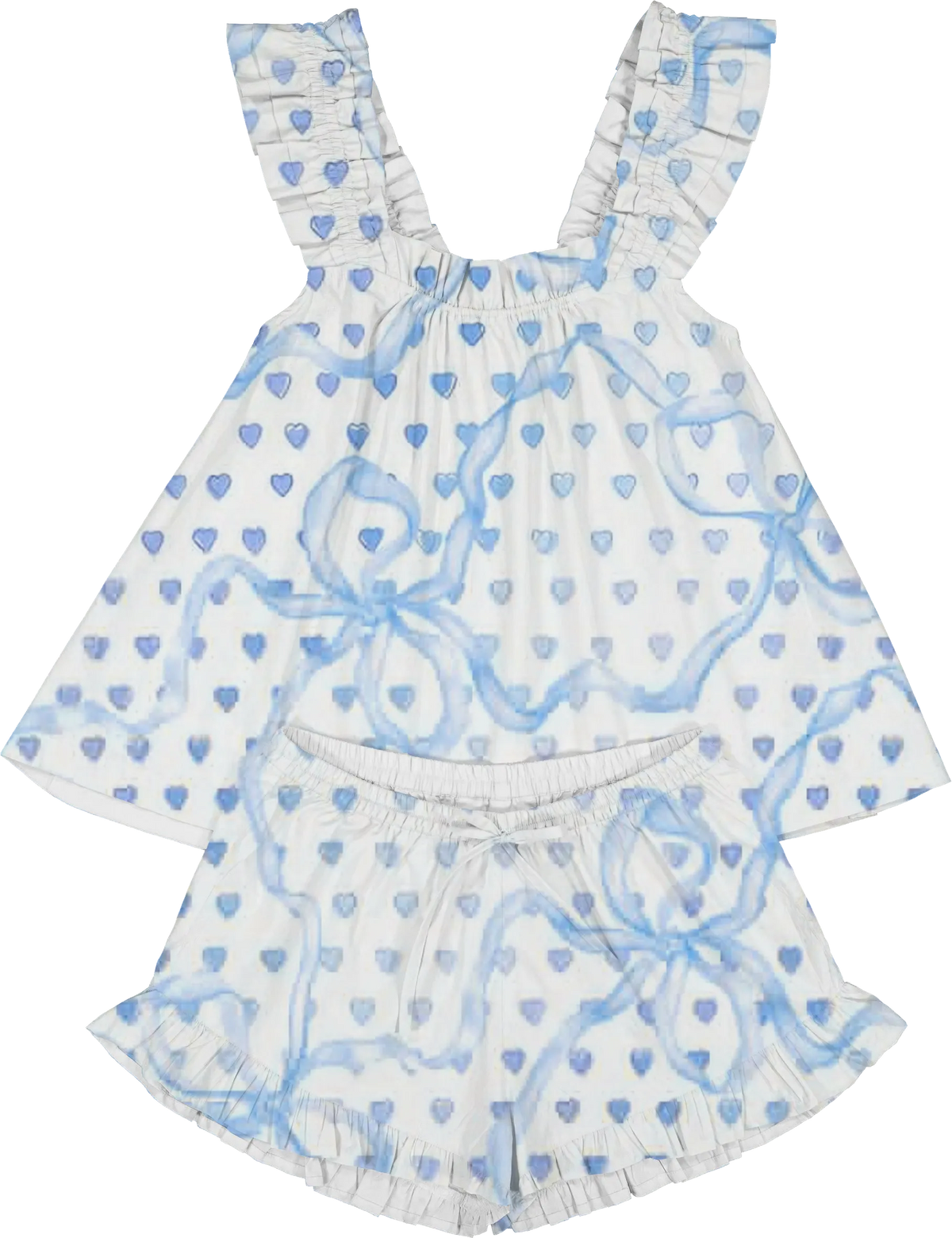 Heart Bow Print Ruffled Trim Short Tank Top Shorts Pajama Set