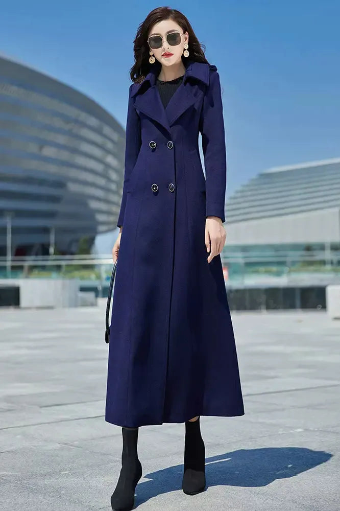 Navy Blue Wool Coat – Long Double Breasted Fit & Flare Winter Overcoat 