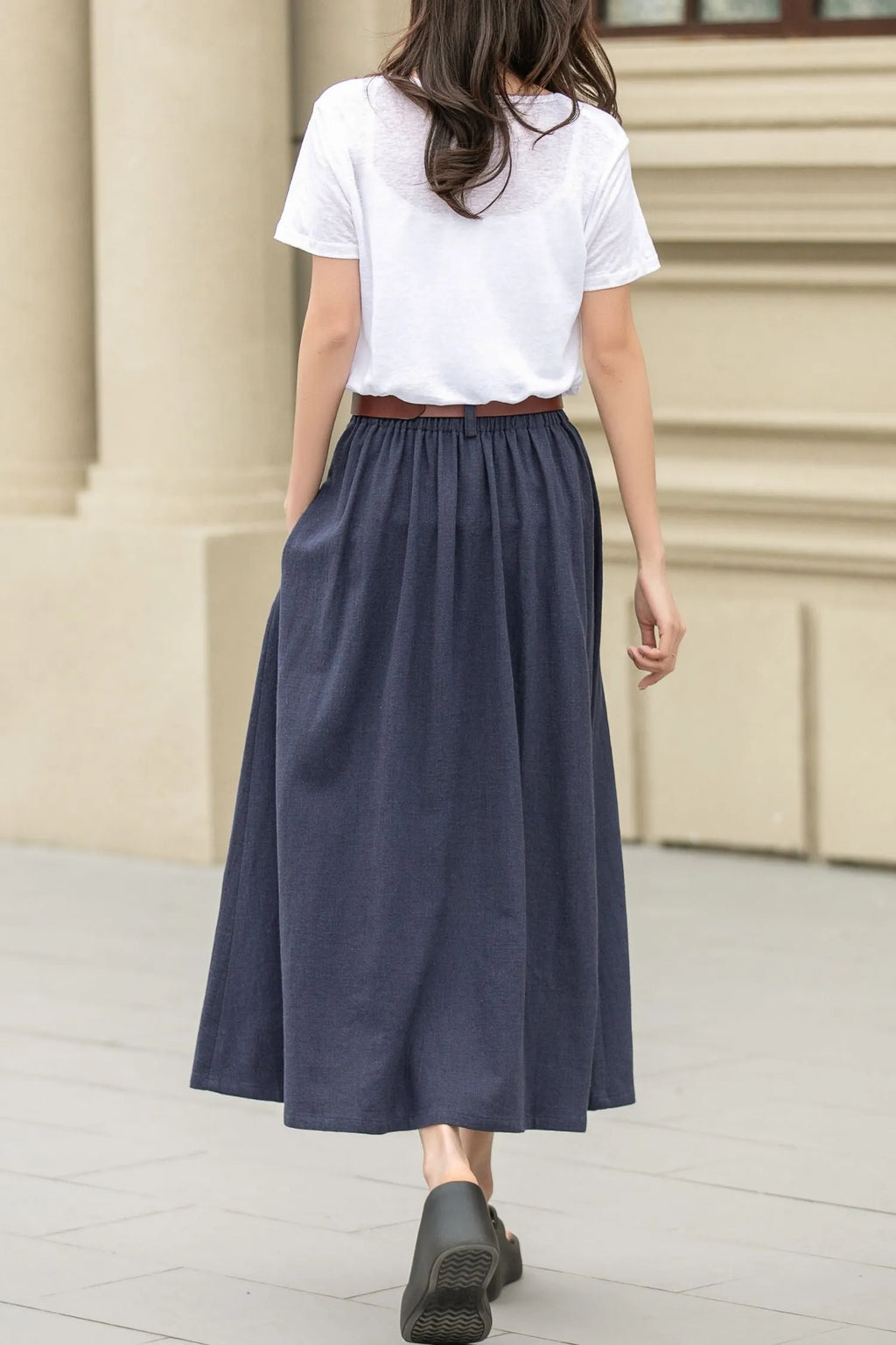 Dark Blue Linen Cotton Midi Skirt - A-Line with Pockets 4943