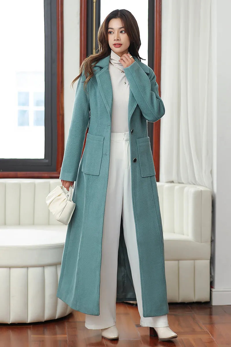 Minimalist Wool Blend Coat – Handmade Light Teal Long Winter Overcoat 