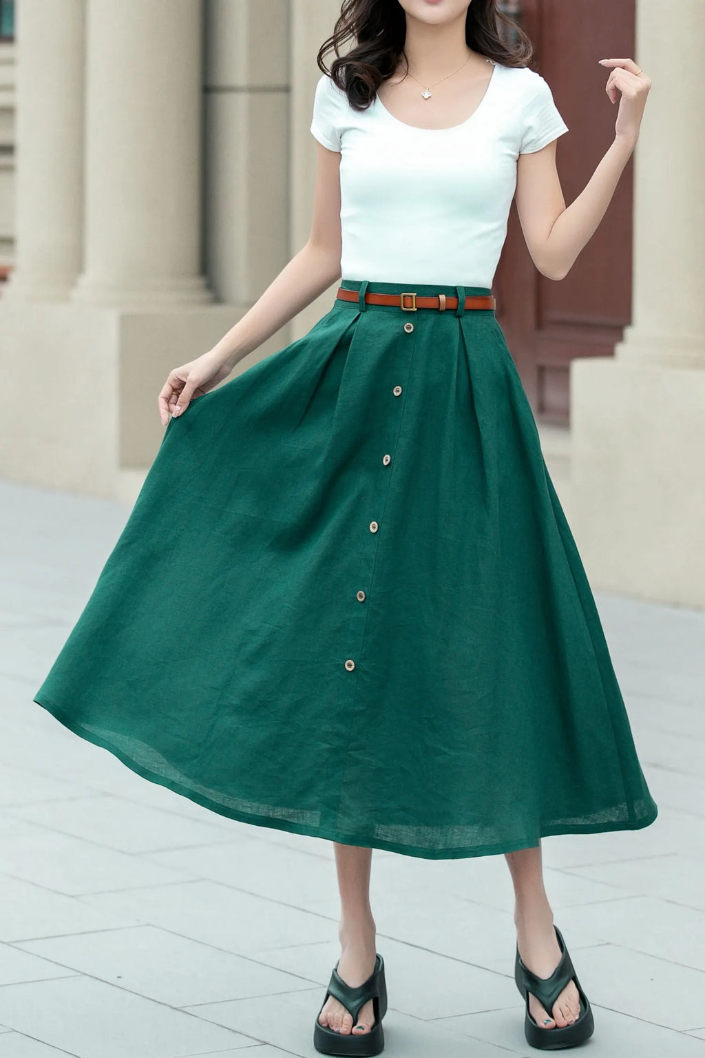 Green Linen A-Line Midi Skirt - Button Front Detail 4967