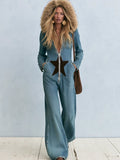 Hooded Star Patch Wide Leg Denim Jumpsuit