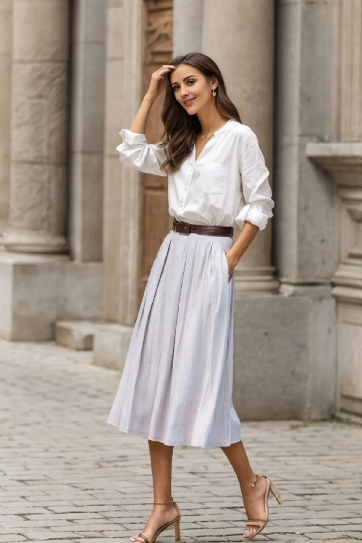 Light Grey Cotton Linen Midi Skirt - Pleated A-Line High Waist 3544