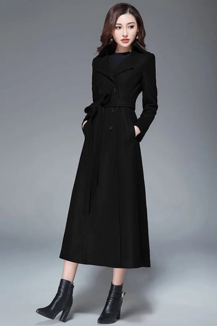 Handmade Light Gray Wool Coat – Elegant Double-Breasted Belted Long Overcoat 