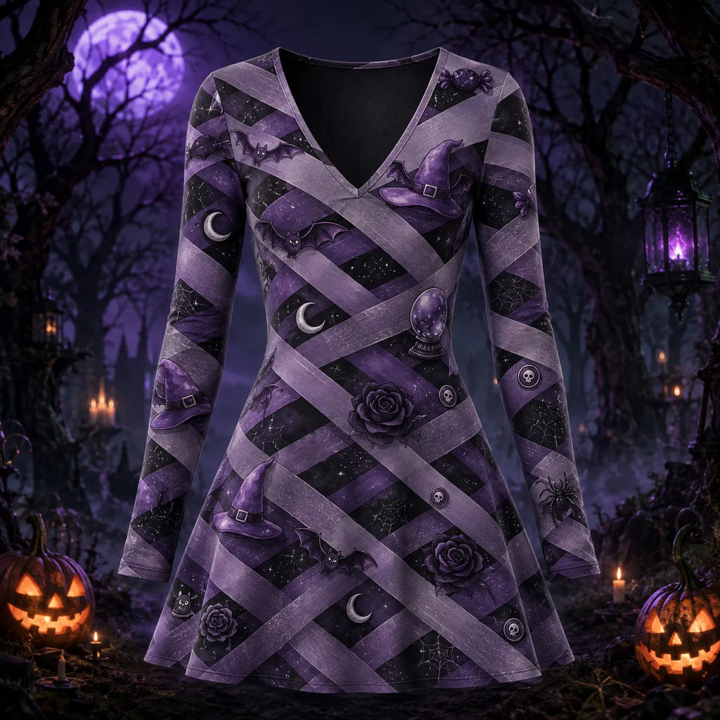 Women's Halloween Print V Neck Long Sleeve Midi Dress