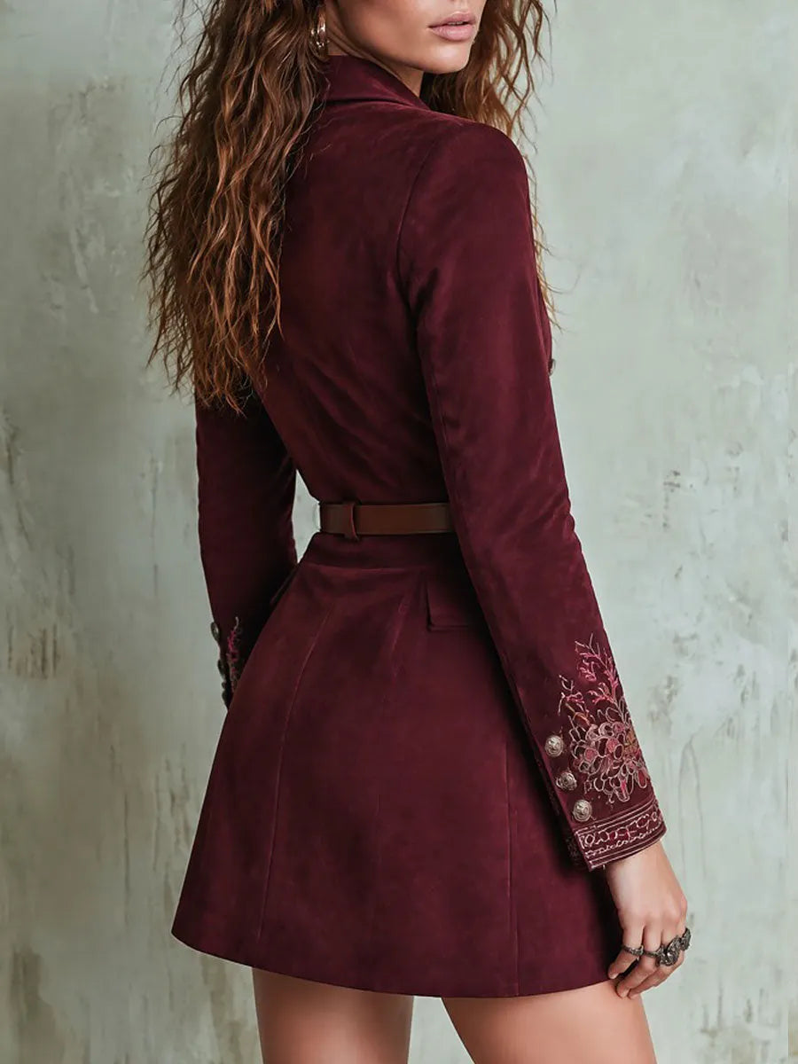 Burgundy Suede Double-Breasted Blazer Dress with Embroidered Cuffs