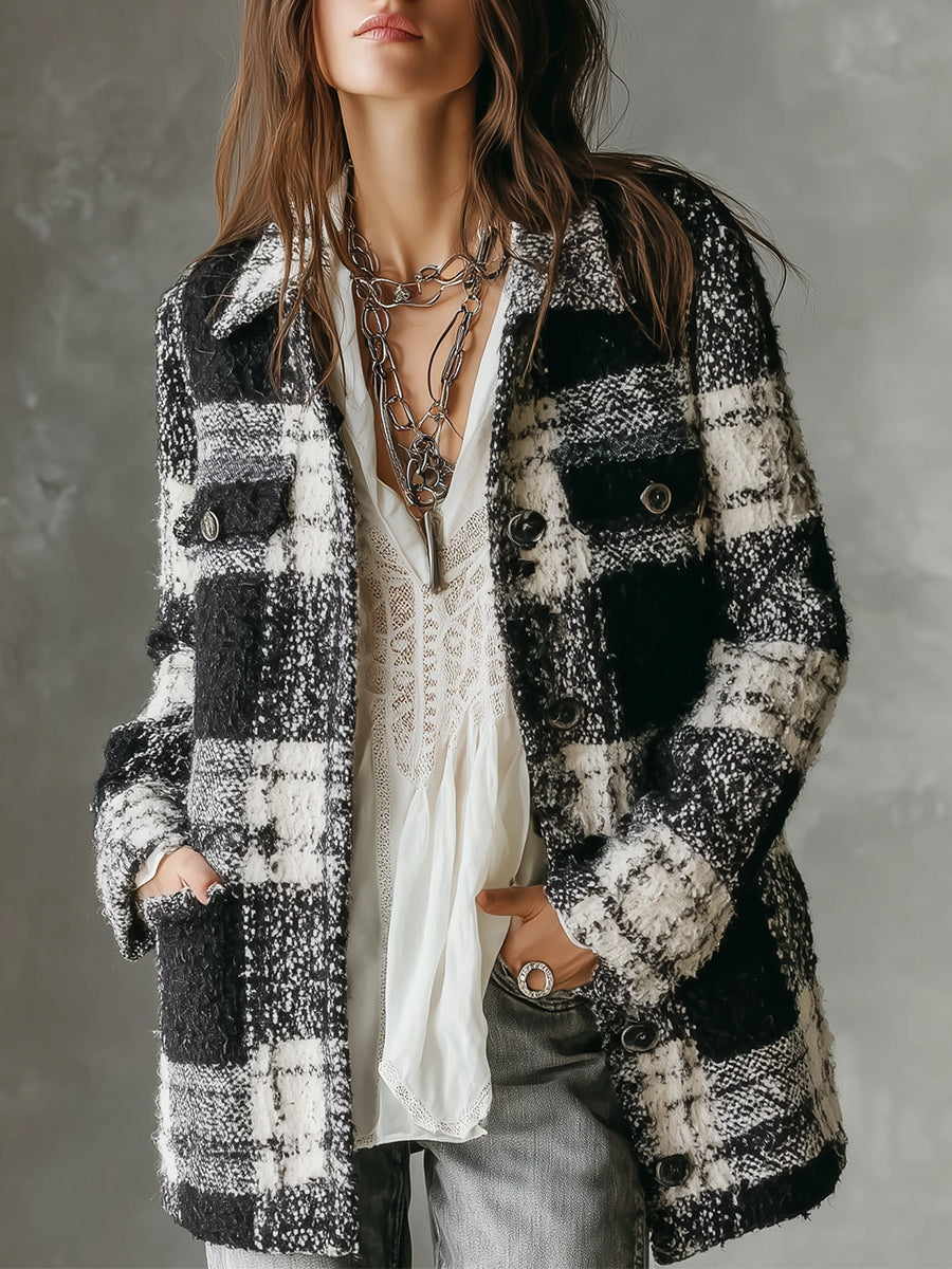 Classic Tweed Plaid Patch Pocket Straight Jacket
