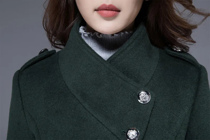 Xiaolizi Dark Green Wool Coat for Women – Handmade Knee-Length Asymmetrical Winter Coat 1821
