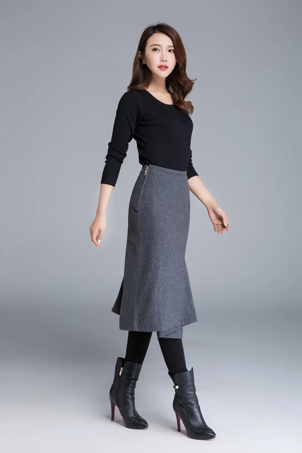 Gray Wool Blend Pencil Skirt – Handmade Fitted Midi for Women 