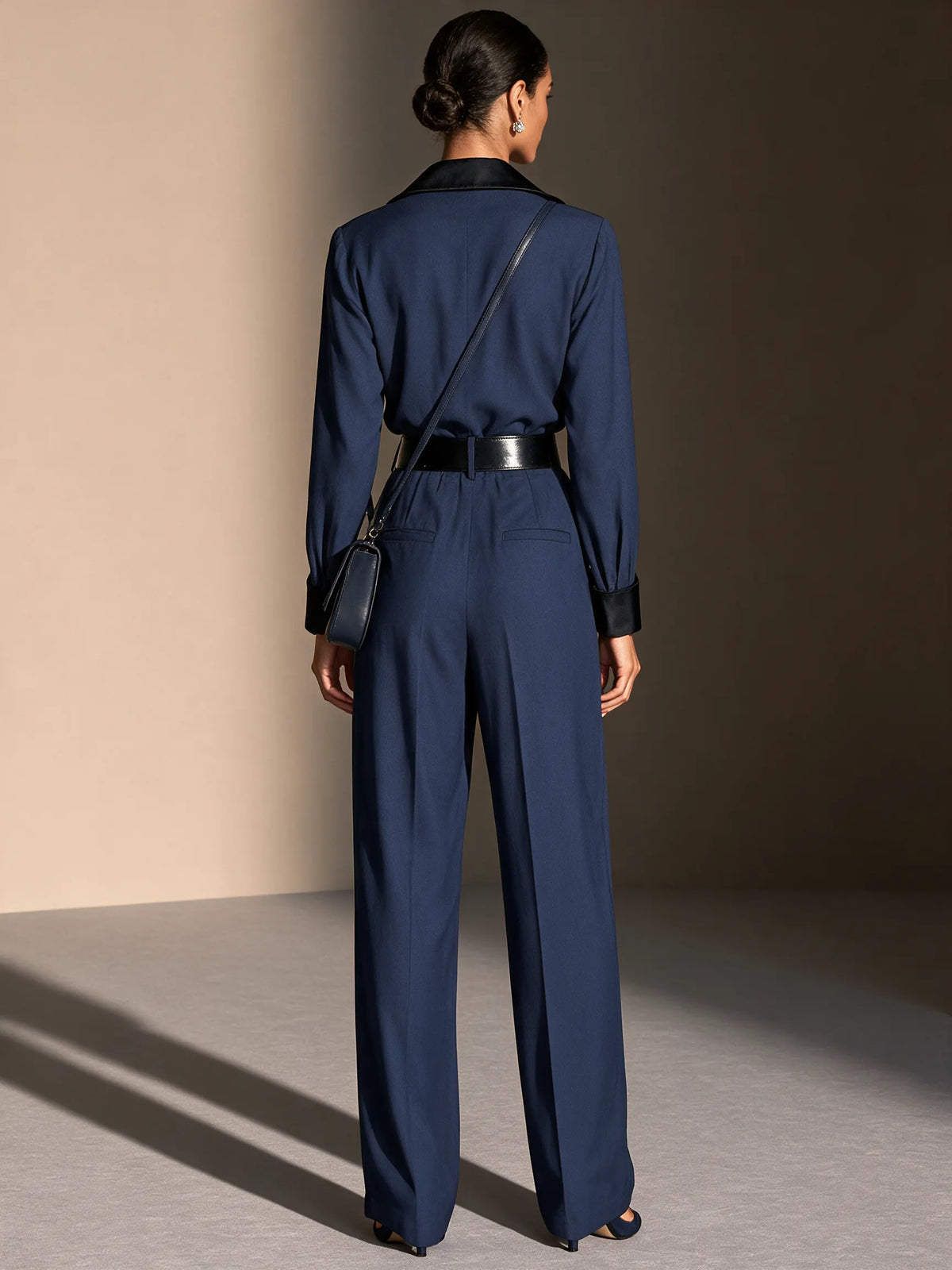 Women's Contrast Lapel Commuter Wide-Leg Jumpsuit (Belt Not Included) MDZ0125I1GMJ