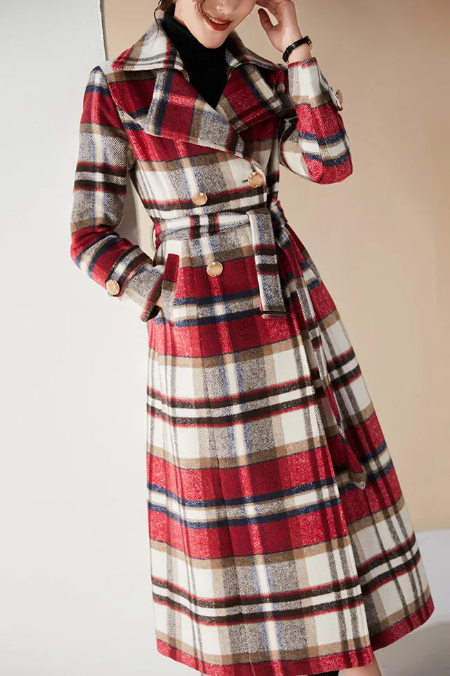 Handmade Plaid Wool Coat – Vintage Red Check Double-Breasted Long Belted Overcoat 