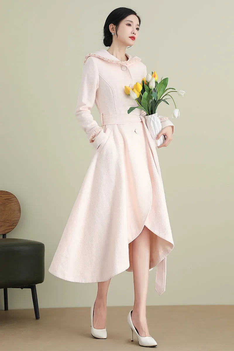 Pink Wool Coat – Women’s Hooded Asymmetrical Long Winter Coat with Belt 3901