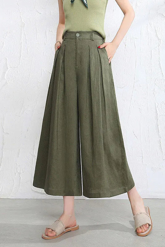 Women’s Linen Palazzo Pants – Casual Wide Leg Pants with Pockets, Plus Size 3524