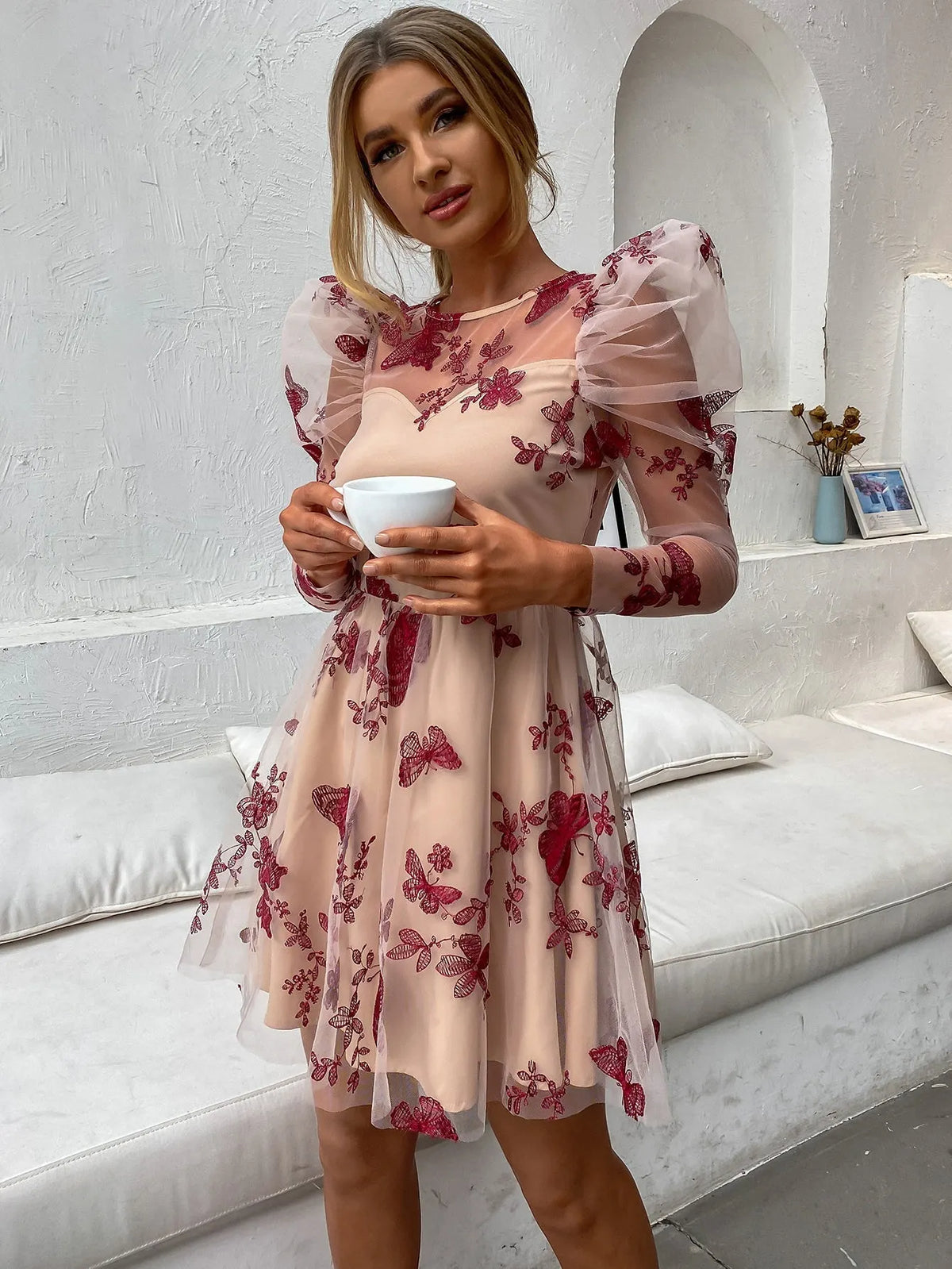 KittenAlarm - Women Fashion See Through sexy butterfly dot embroidery lace dress short skirt Gigot sleeve dress