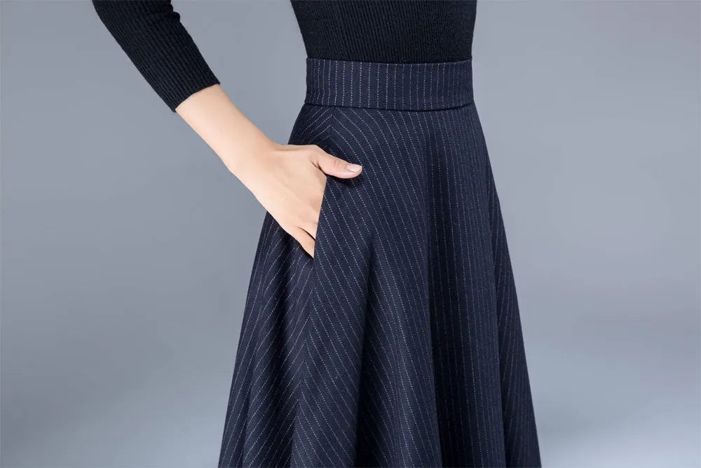 Navy Wool Maxi Skirt - Flowy Silhouette with Side Pockets 1808