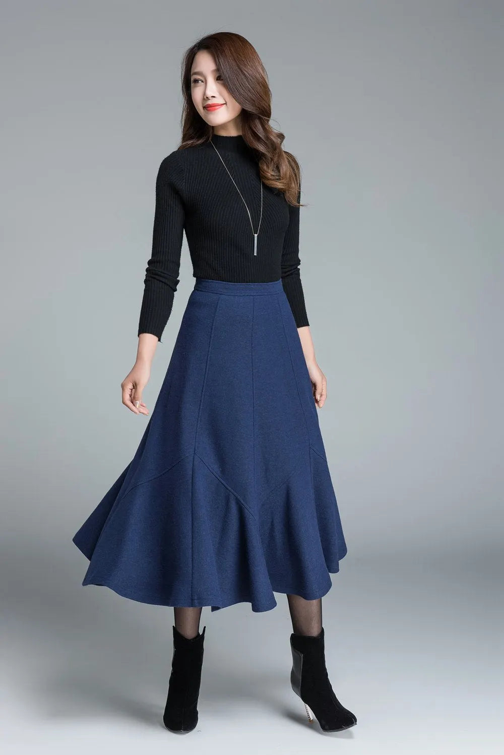 Handmade Navy Blue Wool Skirt – Elegant Winter Maxi Flared Skirt 