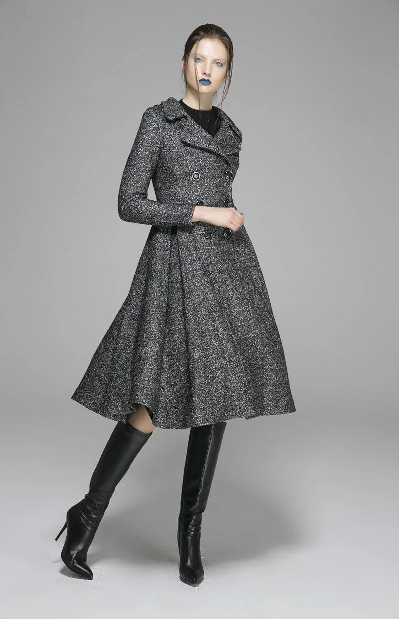 Black Wool Coat - Fit and Flare Silhouette with Pleated Detail 1373