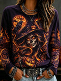 Women's Halloween-themed Printed Crew Neck Long-sleeved T-shirt
