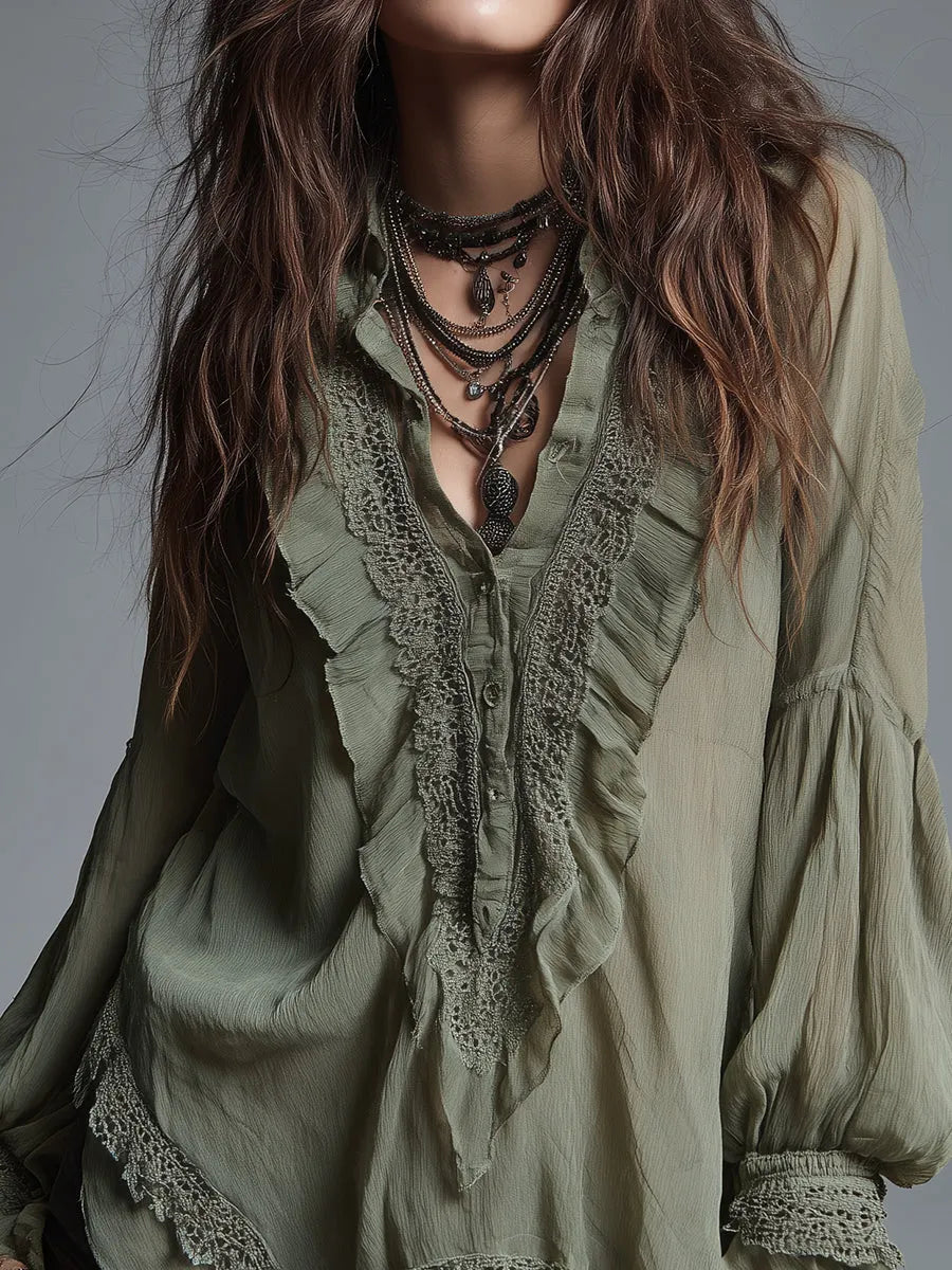 Bohemian-style Chiffon Blouse With Lace Trim