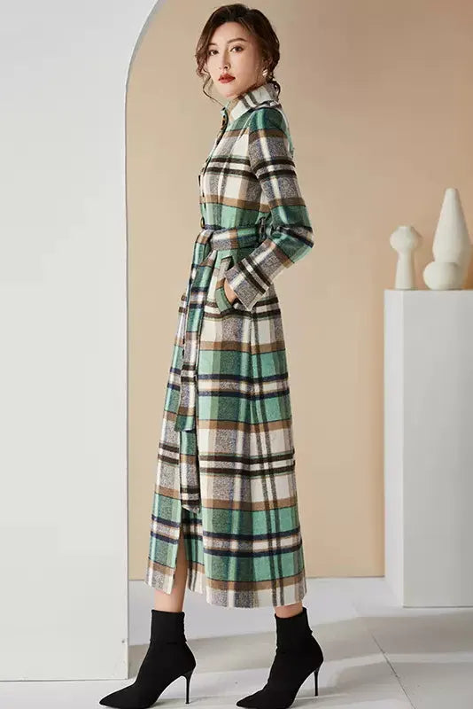 Handmade Green Plaid Wool Coat – Elegant Belted High Neck Long Overcoat 