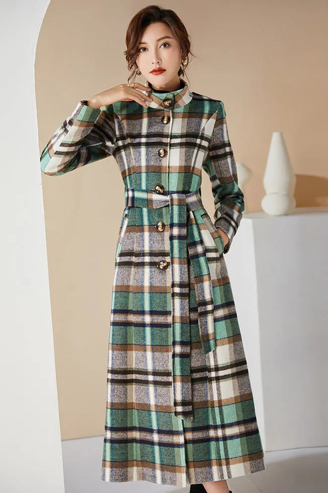 Handmade Green Plaid Wool Coat – Elegant Belted High Neck Long Overcoat 