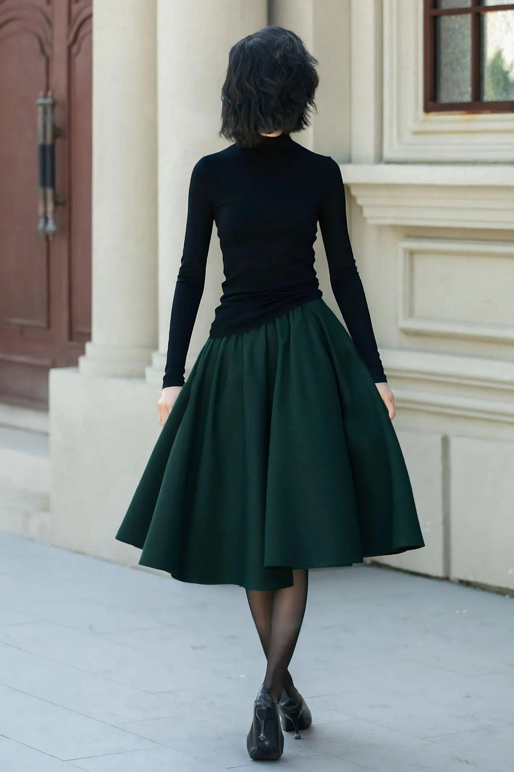 Green Wool Midi Skirt - High-Waisted A-Line with Button Detail 6562