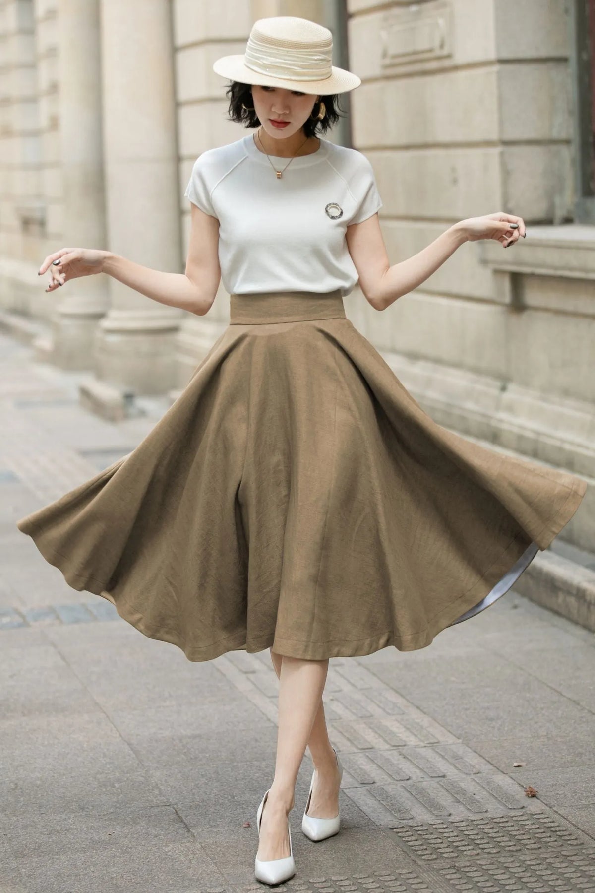 Brown Linen Midi Skirt - High Waist A-Line 