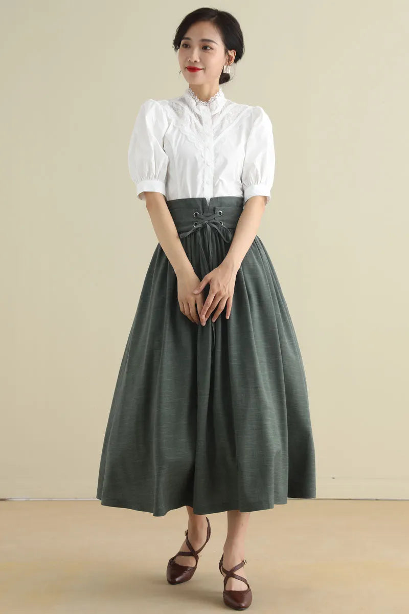 Green Linen Cotton Midi Skirt - Pleated High Waist with Drawstring 2788