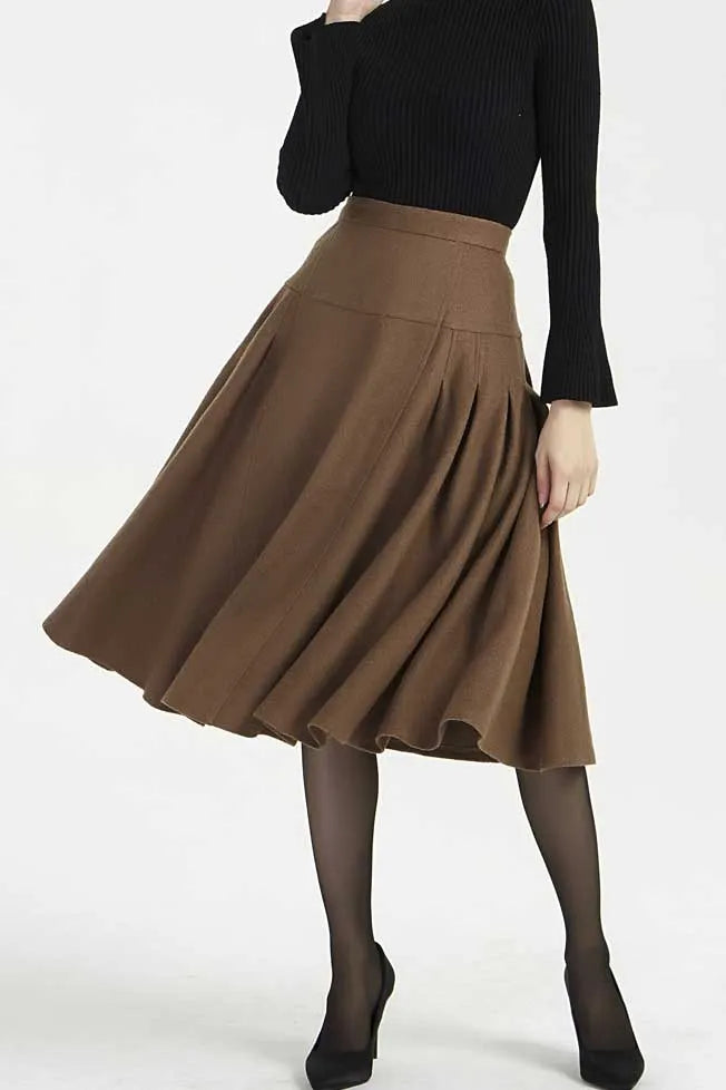 Brown Wool Midi Skirt - Pleated High Waist Flattering Fit 2005