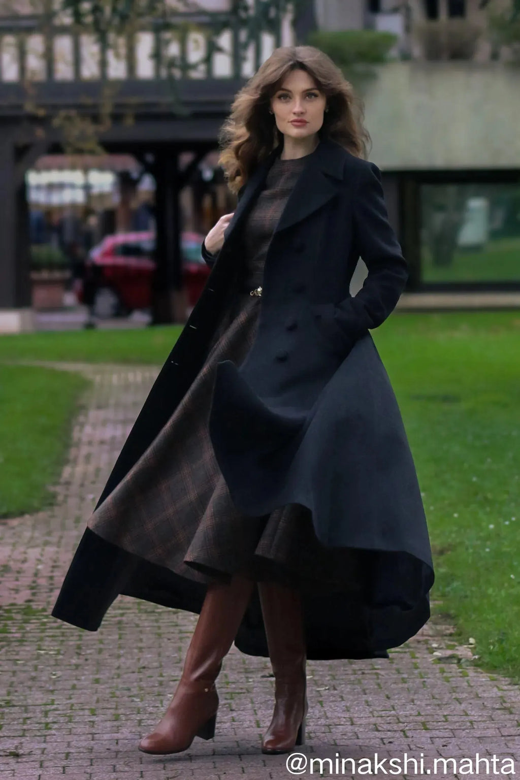 Black Wool Overcoat - Double Breasted Fit and Flare Vintage Coat 5542