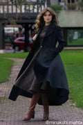 Black Wool Overcoat - Double Breasted Fit and Flare Vintage Coat 5542