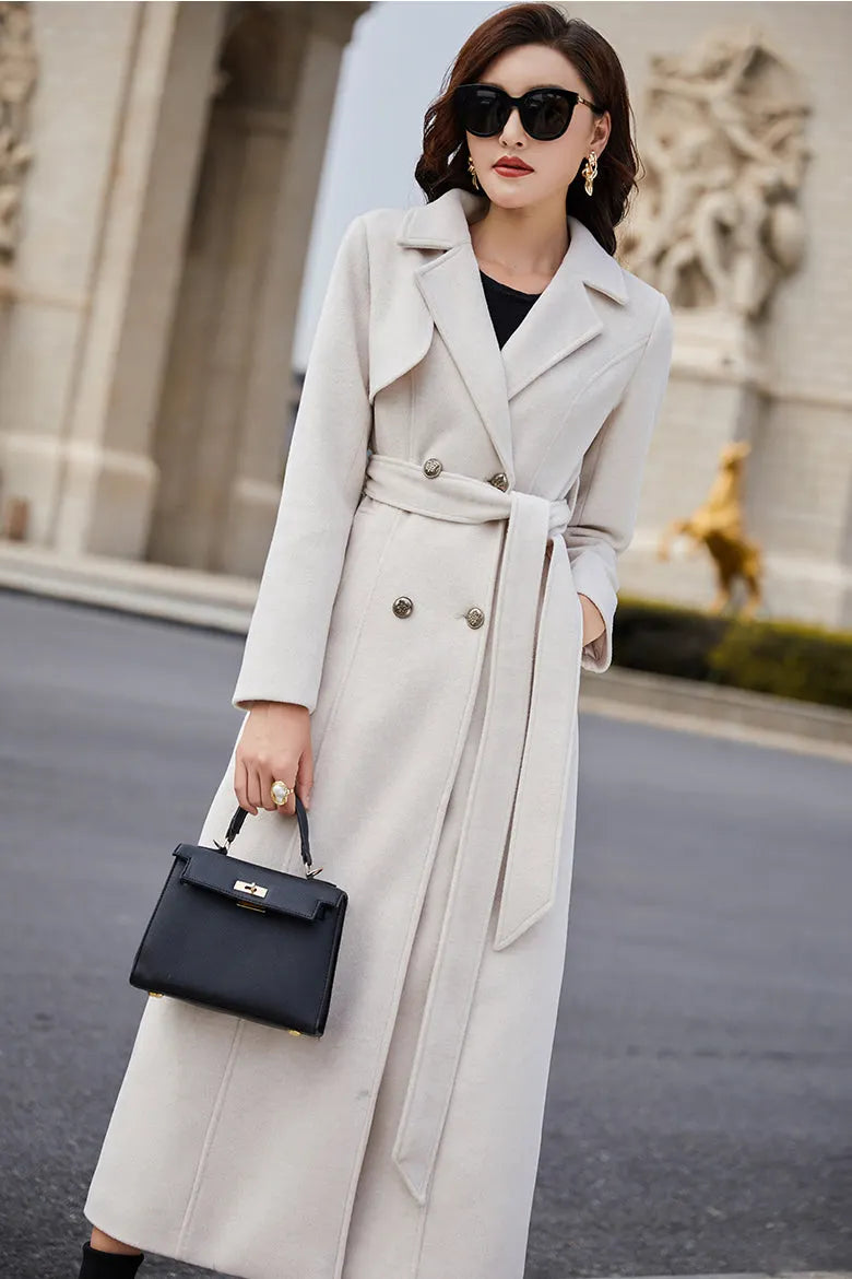 Beige Wool Coat – Handmade Long Double Breasted Belted Winter Overcoat for Women 3978