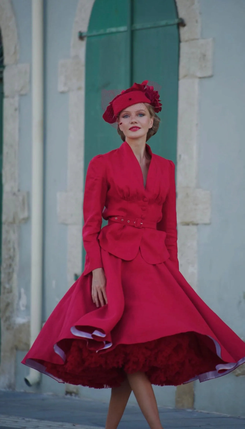 Red Linen V-Neck Blazer and A-Line Midi Skirt - Vintage-Inspired Elegance 6452