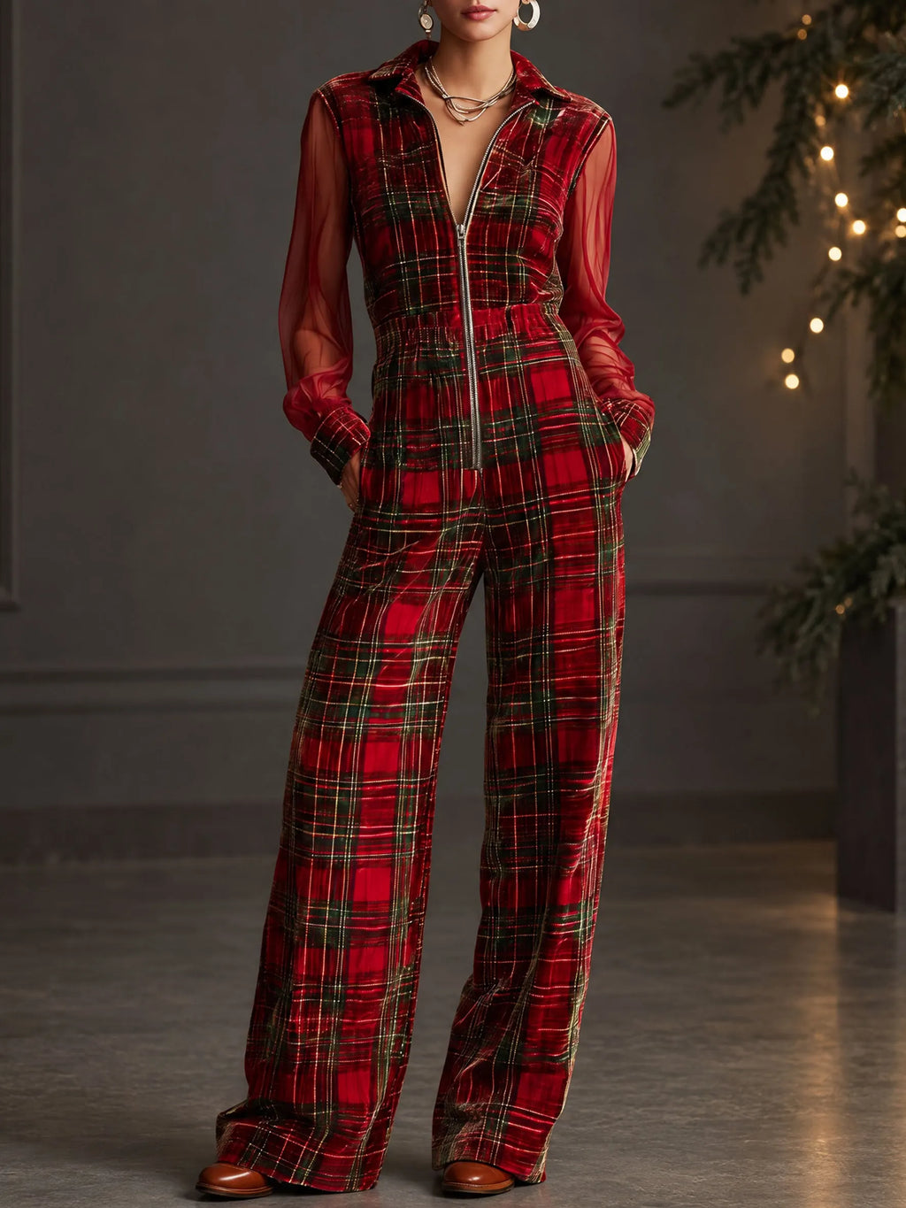 Retro Long-sleeved Mesh Red And Green Plaid Velvet Wide-leg Jumpsuit