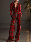 Retro Long-sleeved Mesh Red And Green Plaid Velvet Wide-leg Jumpsuit