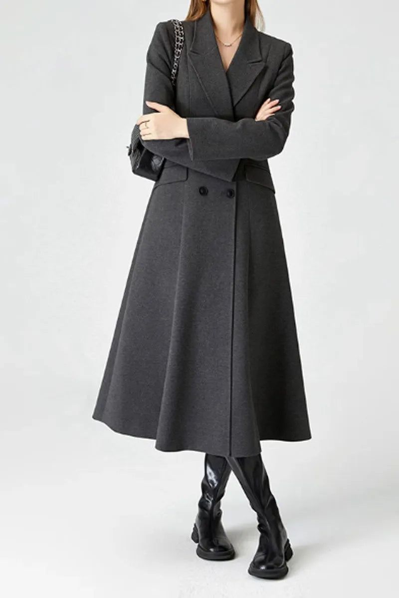 Black Wool Blend Long Coat - Double Breasted Belted 