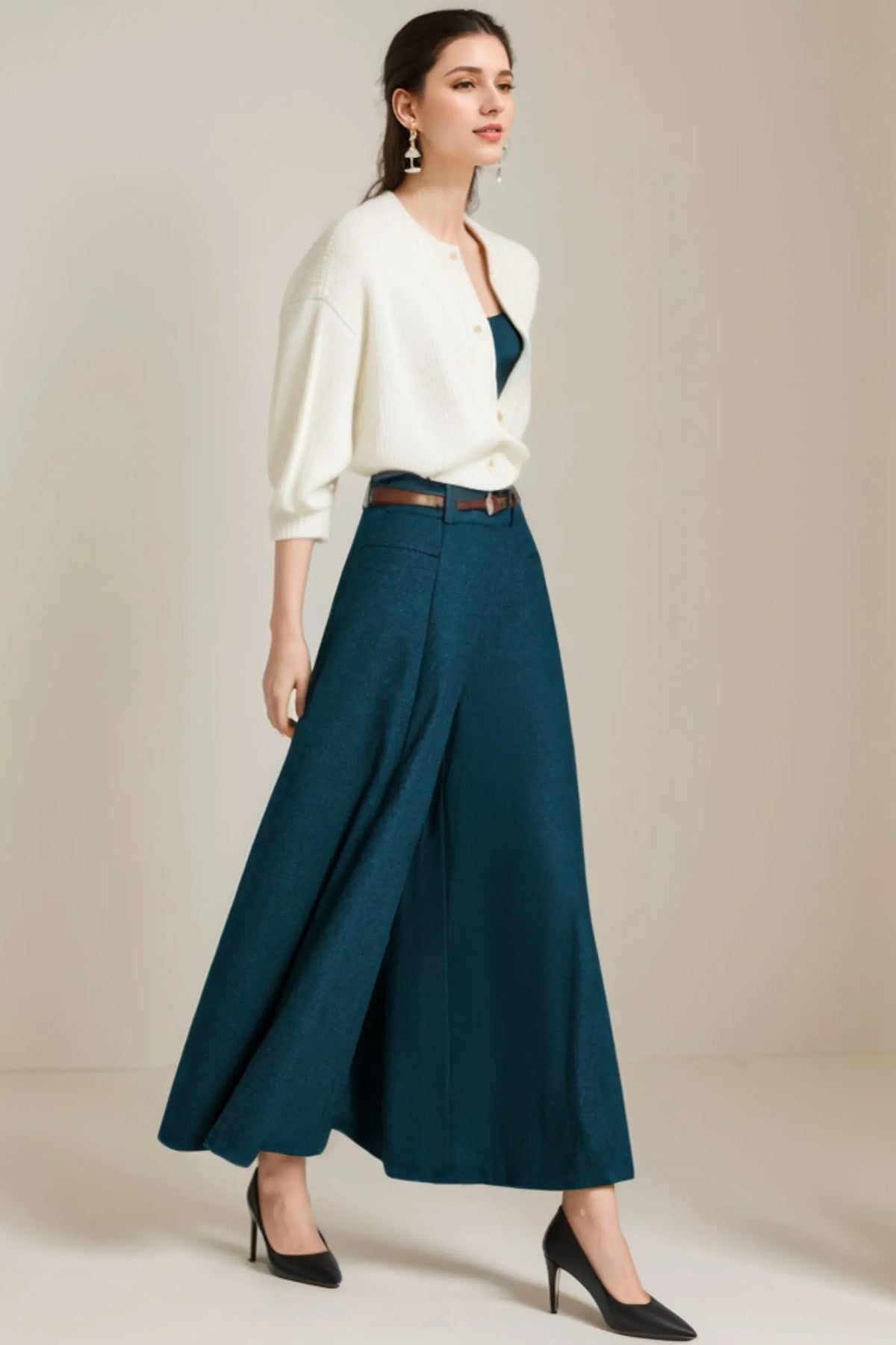 Winter Wool Wide Leg Pants - Pleated, Maxi Length 5232