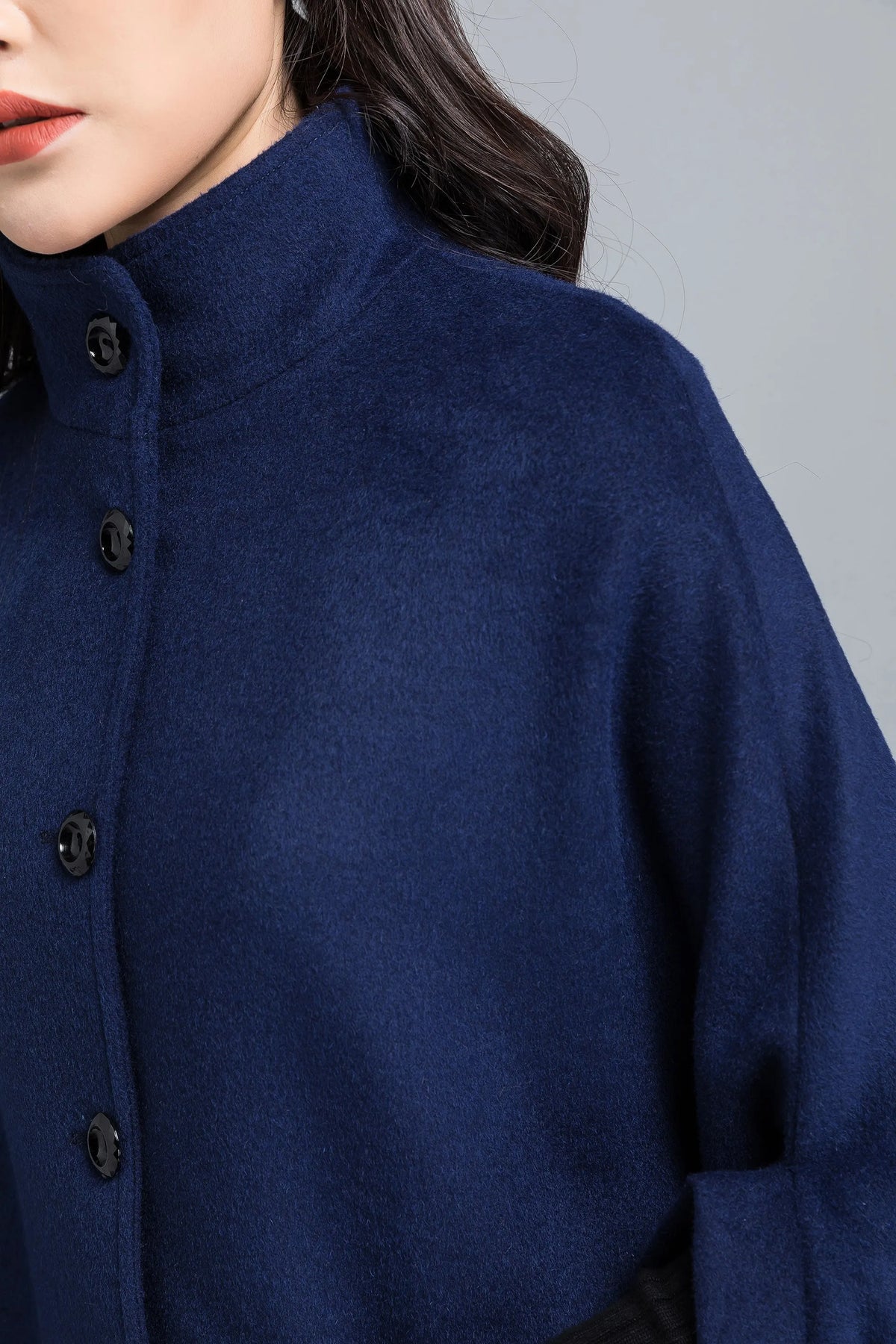 Women's Navy Wool Blend Cape – Button Front Winter Cloak with Structured Collar 2486