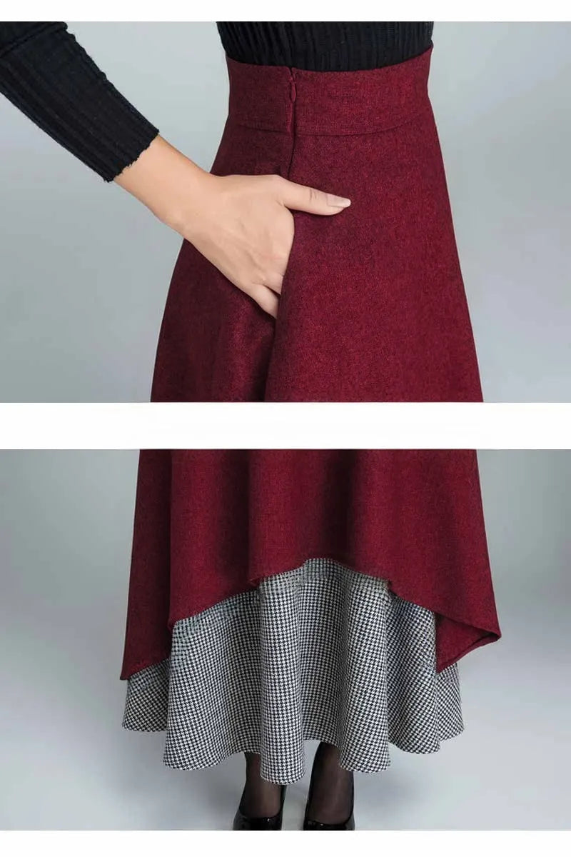 Handmade Layered Wool Maxi Skirt – Burgundy Swing with Houndstooth 