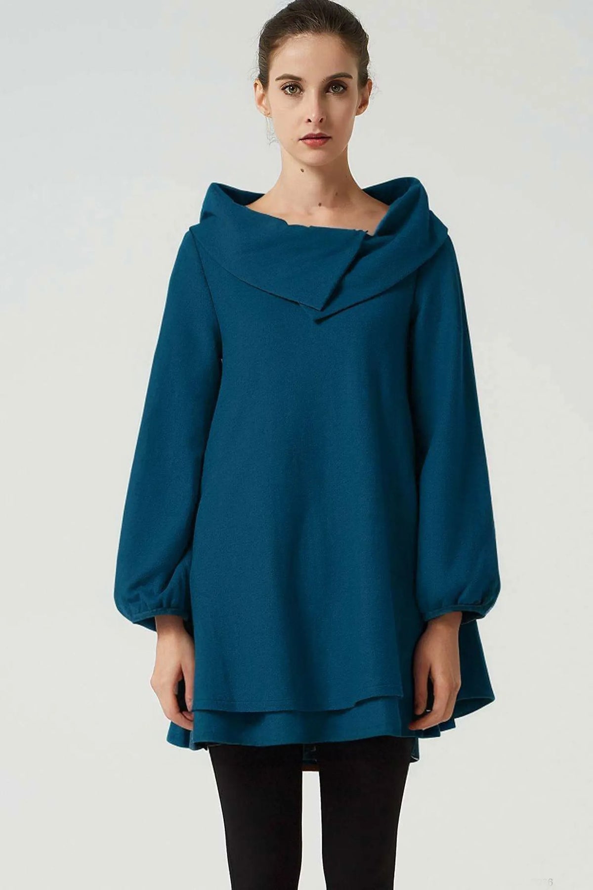 Teal Wool Tunic Dress - Oversized Fit with Asymmetrical Collar 5208