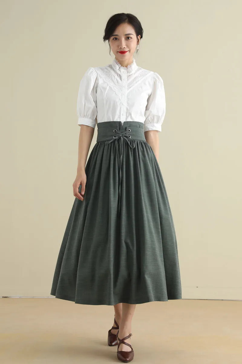 Green Linen Cotton Midi Skirt - Pleated High Waist with Drawstring 2788